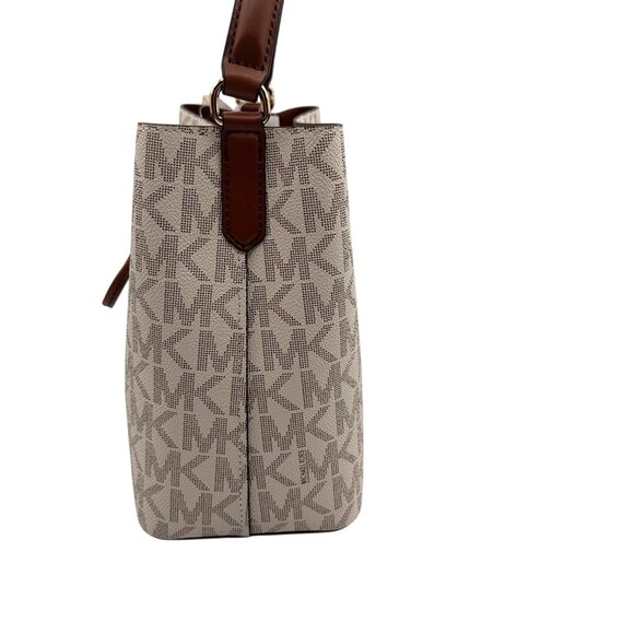 Michael Kors Small Drawstring Bucket Bag Vanilla/Brown Canvas Leather Logo - Picture 3 of 14